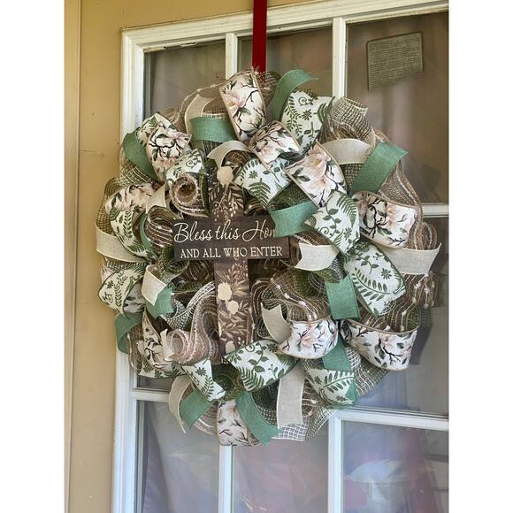 Bless this Home Wood Cross Sign & Ribbon Bundle Set, DIY Wreath Making Kit Box - Picture 6 of 6